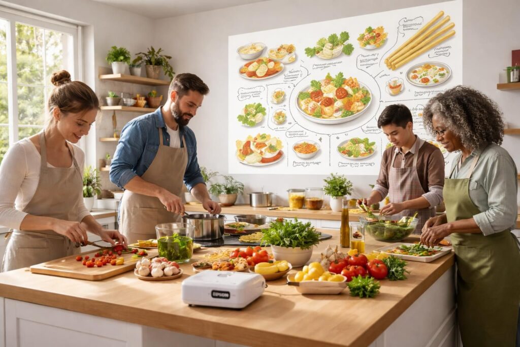découvrez comment préparer une recette géante au mur grâce au mini vidéoprojecteur epson, idéal pour cuisiner à plusieurs de manière ludique et conviviale.