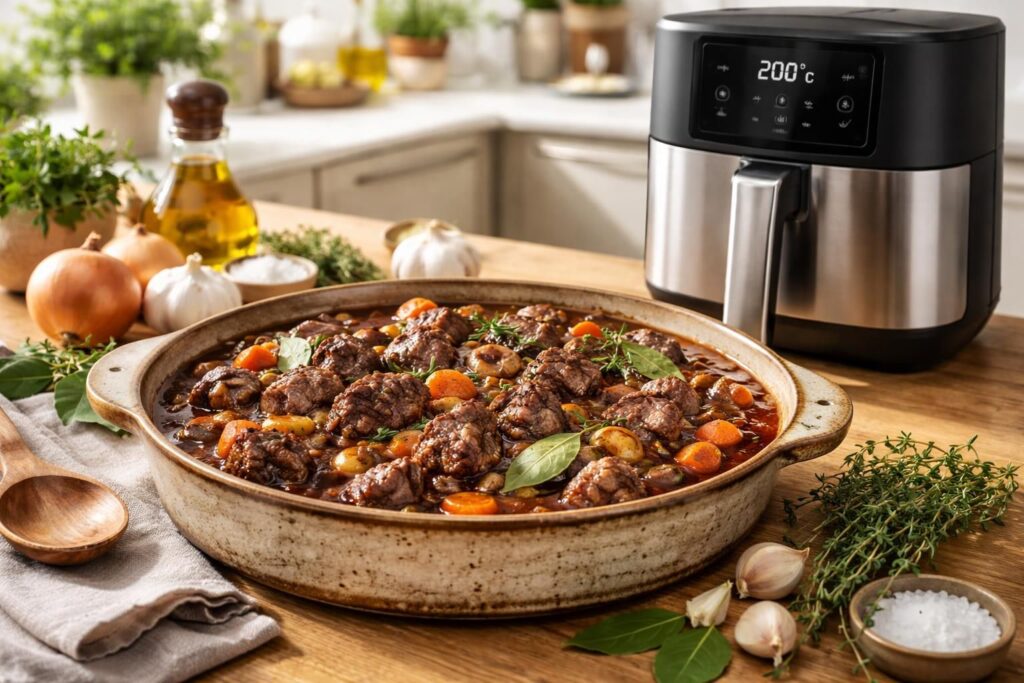 découvrez comment préparer facilement un délicieux bœuf bourguignon à l'air fryer et impressionnez vos amis avec cette recette savoureuse et rapide.