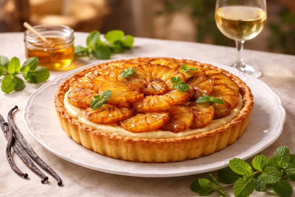 découvrez comment savourer une délicieuse tarte à l'ananas garnie de crème pâtissière, et explorez les accords de saveurs parfaits pour sublimer ce dessert exotique.