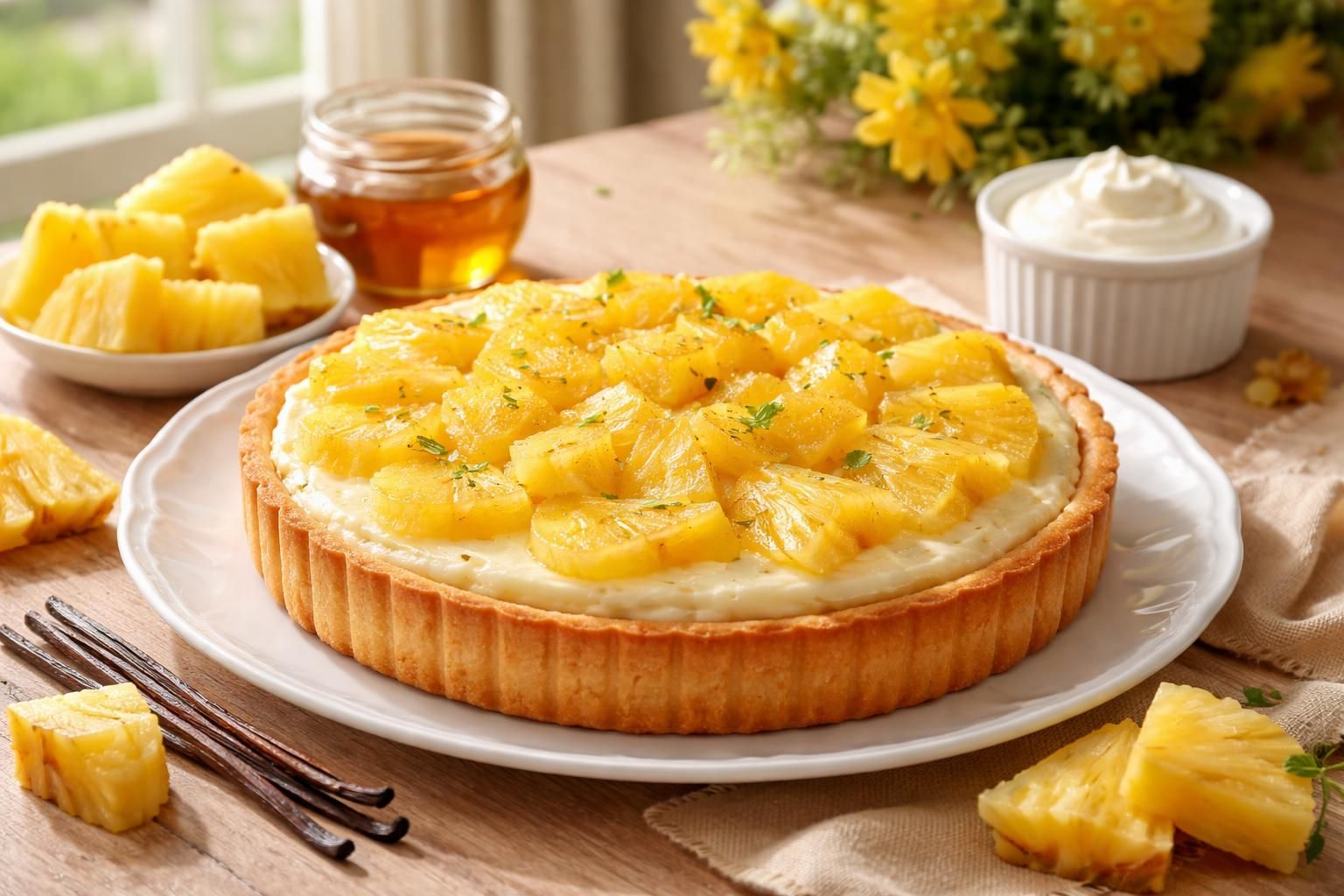 découvrez comment savourer une délicieuse tarte à l'ananas garnie de crème pâtissière, et explorez des accords de saveurs exquis pour une expérience gourmande unique.