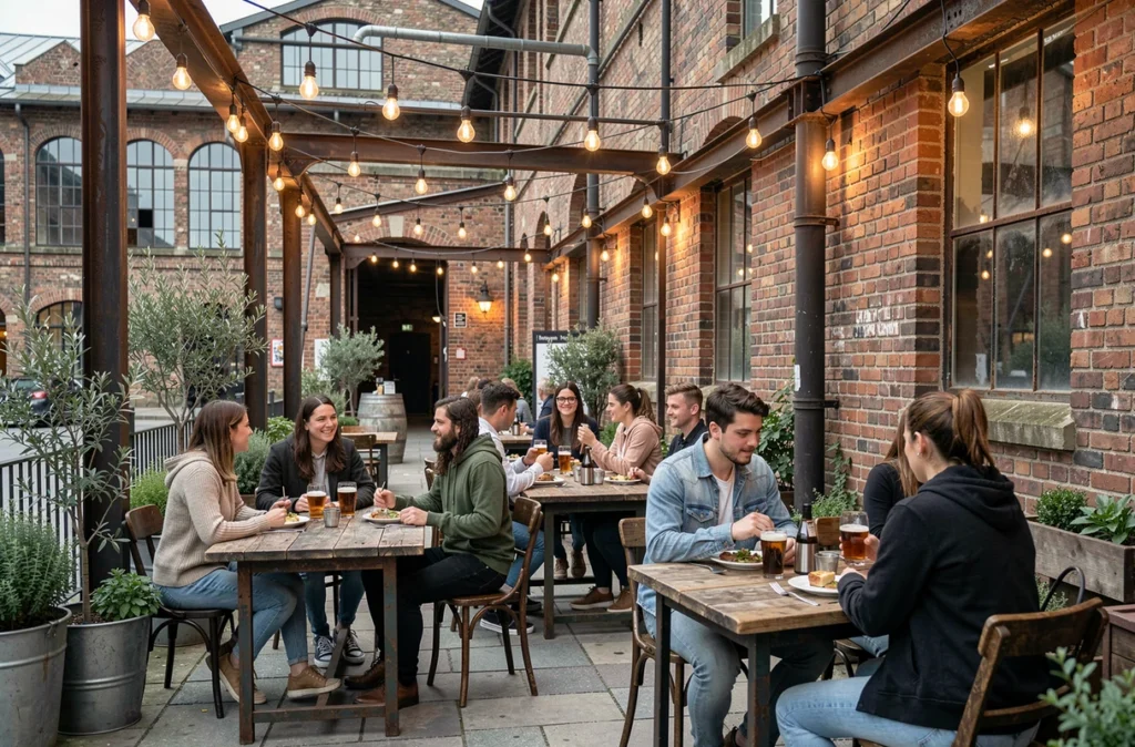 Terrasse industrielle et tendance de l'Abattoir Café à Strasbourg avec mobilier vintage et décor en briques apparentes