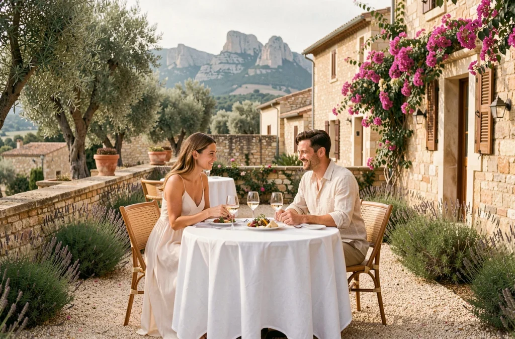 Terrasse romantique d'Allegria au Hameau des Baux avec oliviers et vue sur les Alpilles au coucher de soleil