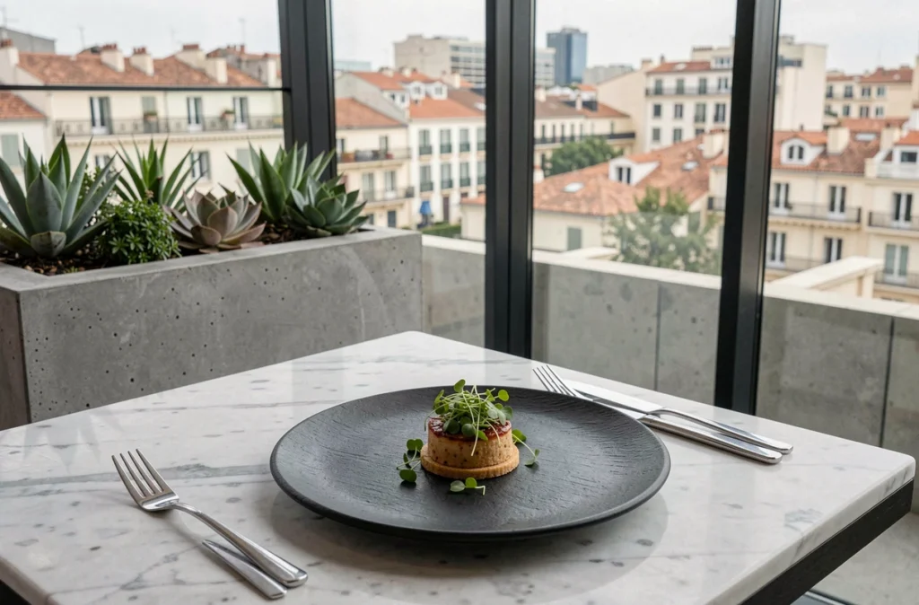Table gastronomique contemporaine d'AM par Alexandre Mazzia à Marseille avec dressage artistique et vue urbaine