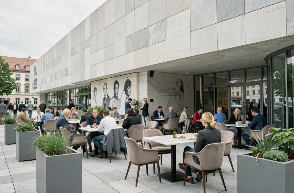 Terrasse élégante du café du MAMC à Strasbourg avec tables design face à l'architecture moderniste du musée
