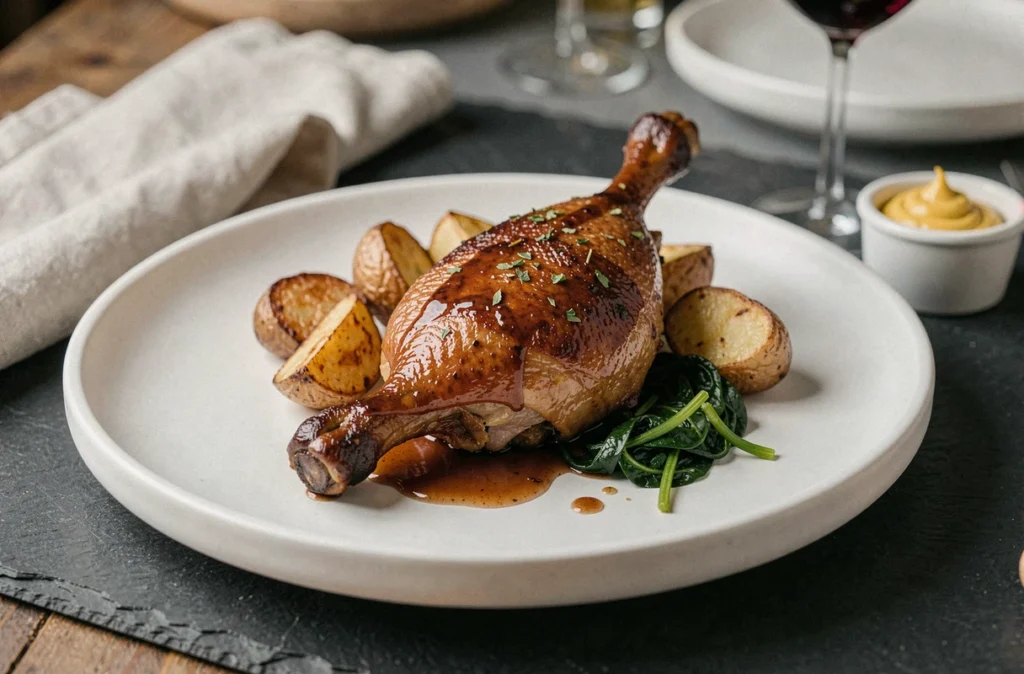 Assiette de confit de canard servi avec pommes de terre croustillantes et jus de cuisson sur ardoise