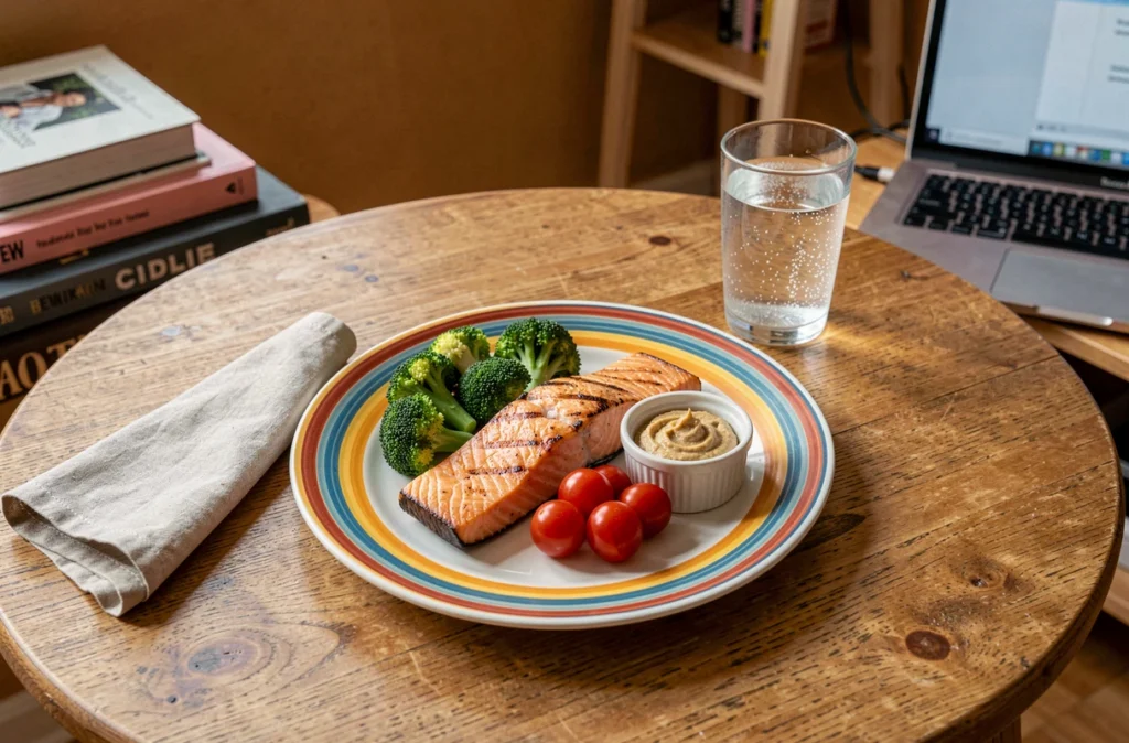 Assiette de repas équilibré rapide avec saumon et légumes posée sur une table en bois le soir