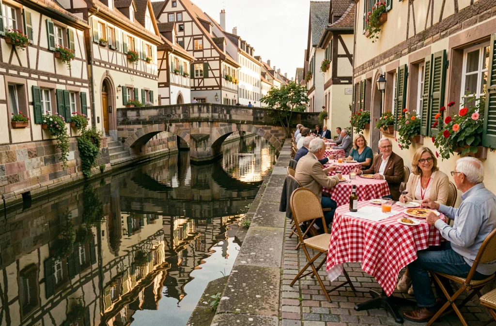 Terrasse du restaurant Au Pont Saint-Martin dans La Petite France à Strasbourg avec vue sur canal et maisons à colombages
