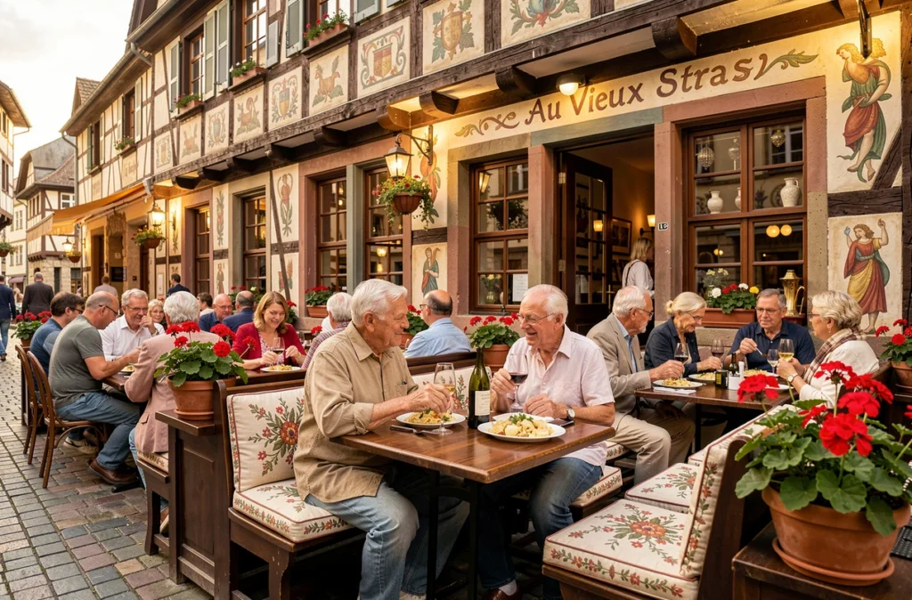 Terrasse traditionnelle alsacienne du restaurant Au Vieux Strasbourg avec colombages, géraniums rouges et choucroute garnie