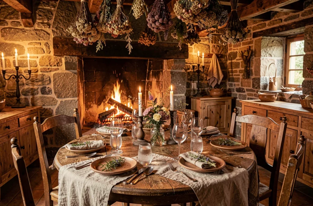 Salle à manger en pierre de l'Auberge de l'Âtre à Quarré-les-Tombes avec cheminée allumée et table rustique