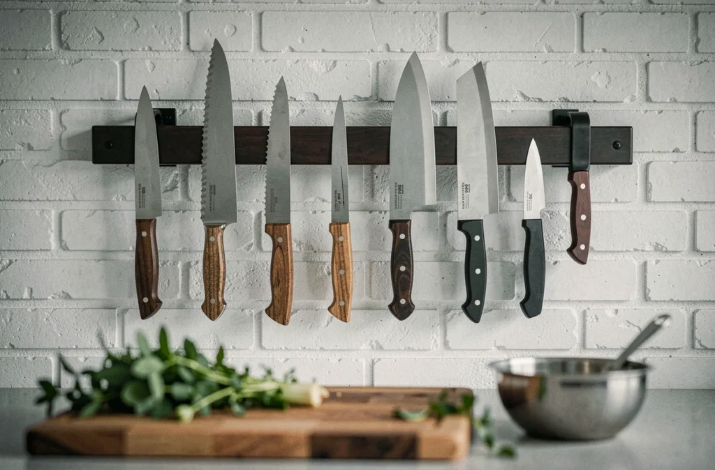 Bande magnétique murale avec sept couteaux de cuisine différents accrochés dans une cuisine rustique moderne, incluant couteau à pain, couteau filet de sole et couteau d'office