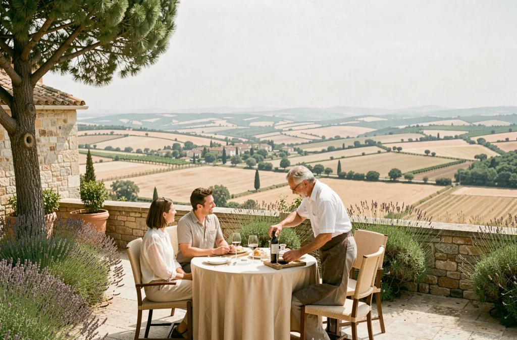 Terrasse de La Bastide à l'Hôtel Capelongue de Bonnieux avec vue panoramique sur la vallée du Luberon