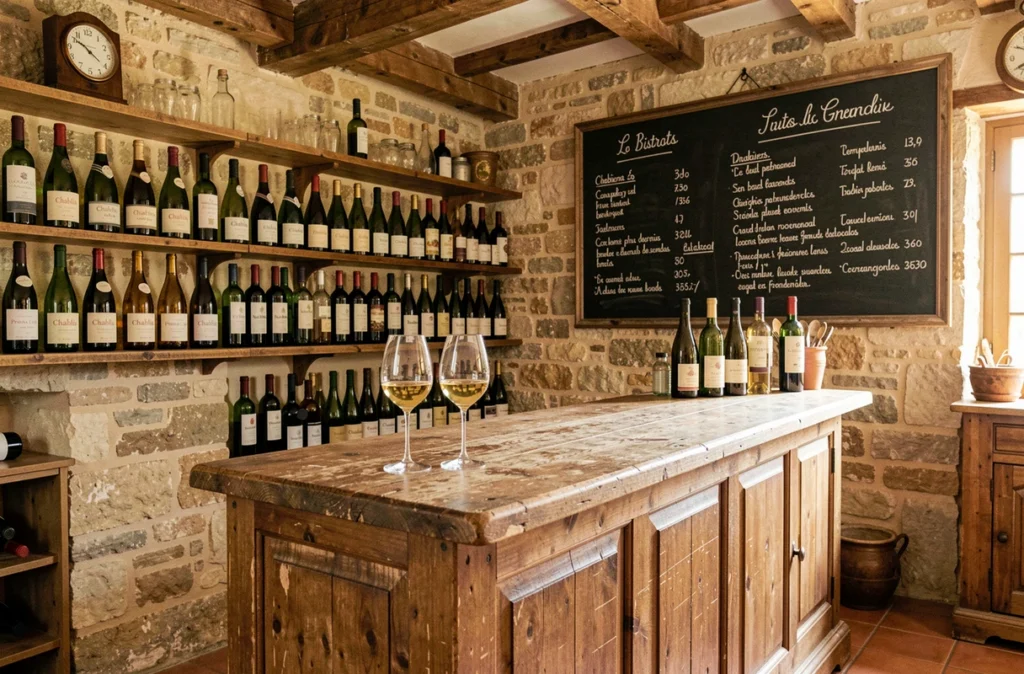 Intérieur rustique du Bistrot des Grands Crus à Chablis avec bouteilles de vin blanc et comptoir en bois