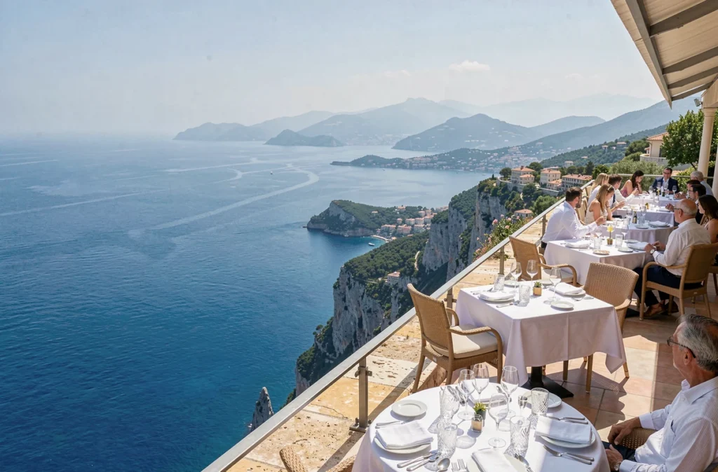 Terrasse du restaurant du Cap Estel à Eze surplombant la Méditerranée avec vue sur la Côte d'Azur
