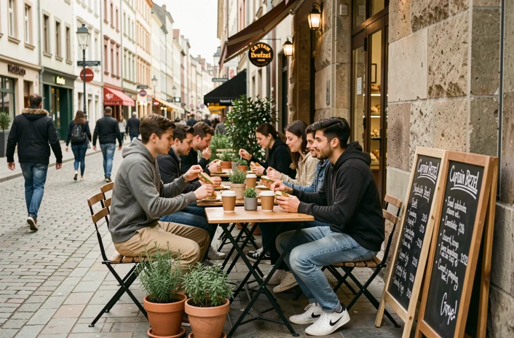 Terrasse urbaine du Captain Bretzel à Strasbourg avec clients savourant sandwichs et cafés en rue piétonne