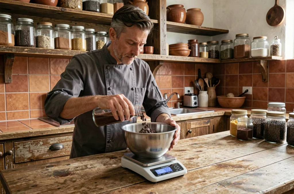 Chef masculin pesant des pépites de chocolat sur une balance de cuisine dans un cadre rustique