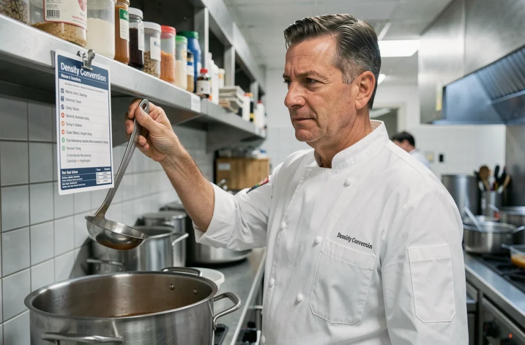 Chef cuisinier professionnel consultant une fiche de conversion densité grammes-litres dans une cuisine commerciale