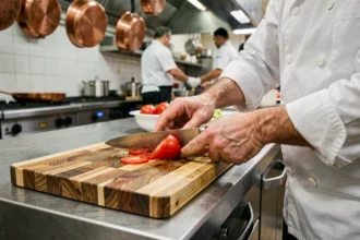 Chef professionnel découpant une tomate sur une planche à découper en bois massif dans une cuisine de restaurant