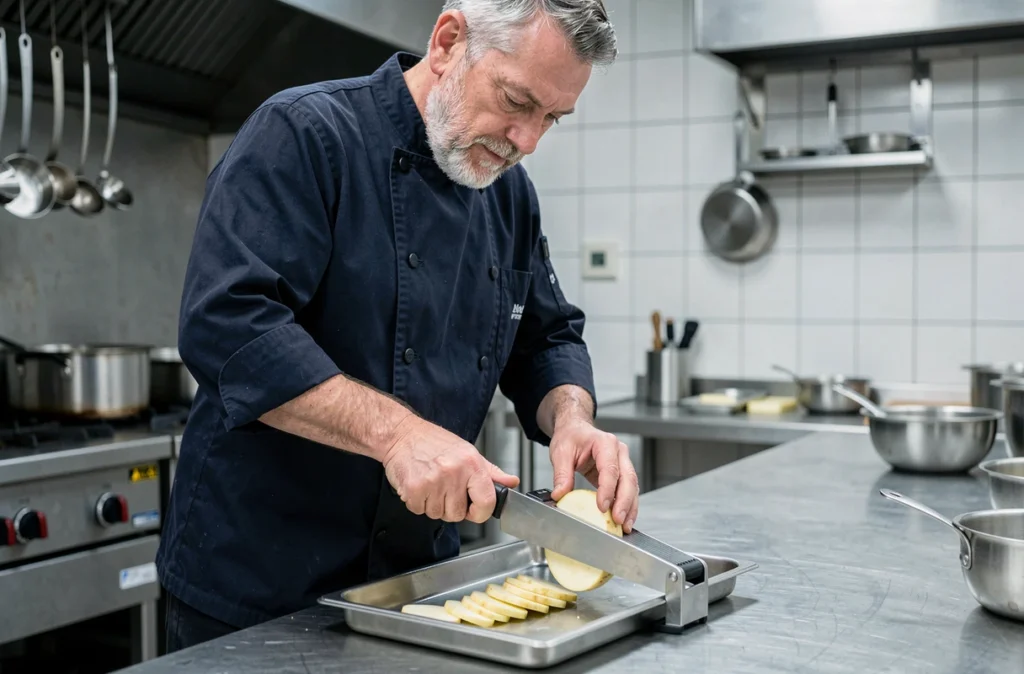 Chef professionnel en veste de cuisine démontrant la technique de découpe à la mandoline dans une cuisine professionnelle