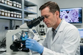 Chercheur en blouse blanche examinant des cellules au microscope dans un laboratoire de biologie médicale pour l'étude des autolyses tissulaires