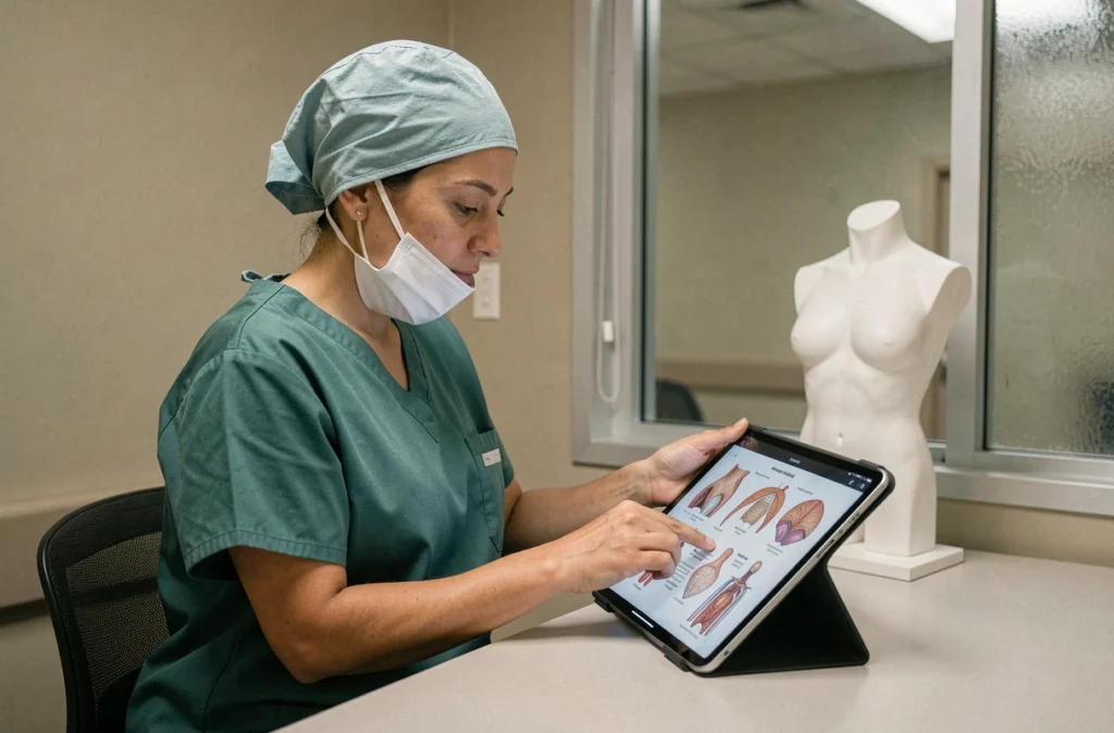 Chirurgienne en bloc opératoire consultant des schémas anatomiques sur tablette, illustrant la compréhension des processus d'autolyse cellulaire en milieu médical