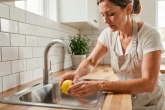 Femme frottant un demi-citron sur un évier en inox pour le nettoyer naturellement dans une cuisine moderne