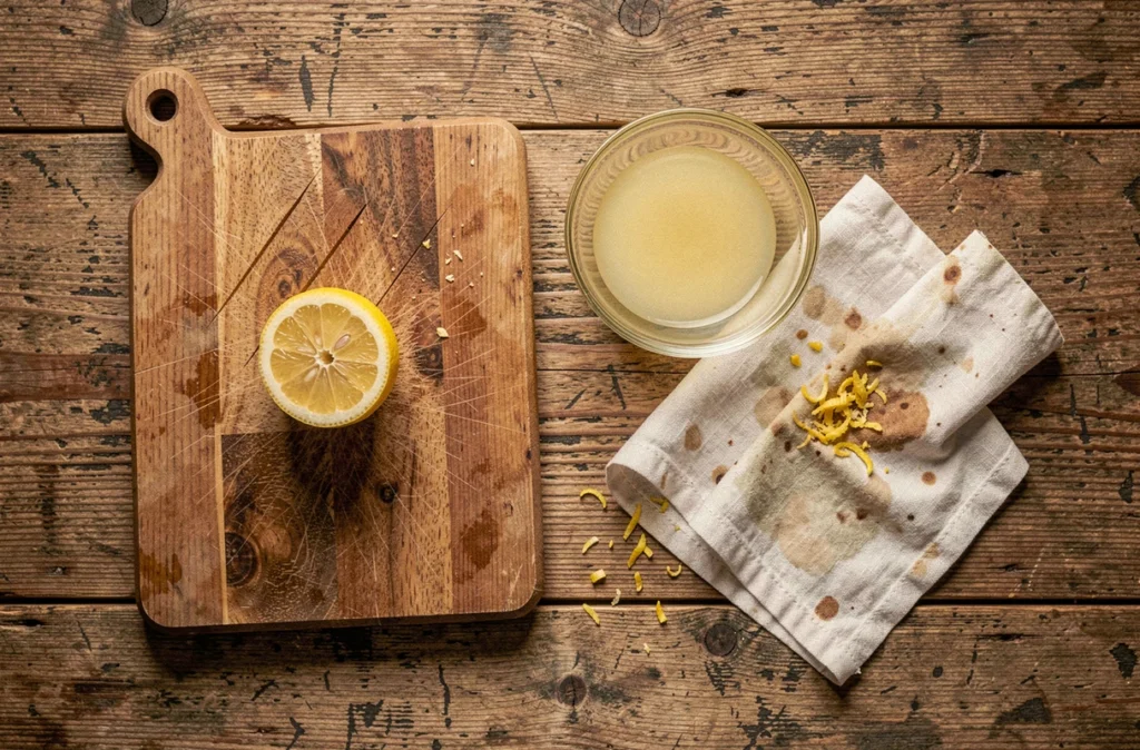 Vue de dessus d'un arrangement de citrons coupés et d'ustensiles ménagers pour des usages naturels à la maison