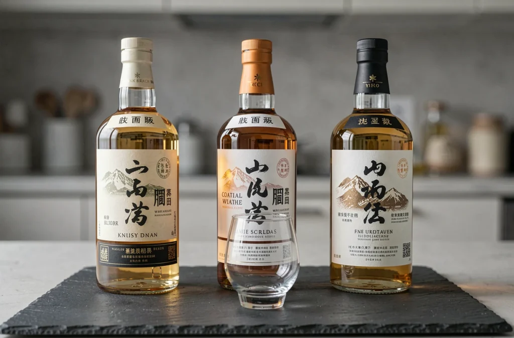 Comparaison de trois bouteilles de whisky japonais à prix raisonnable sur une surface en ardoise