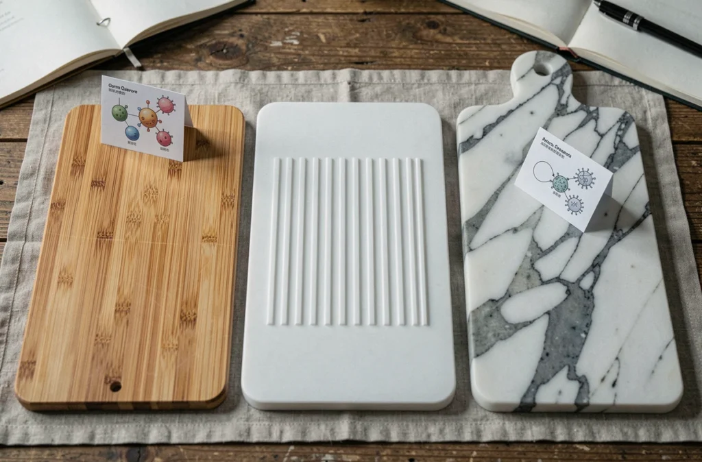 Vue comparative de trois planches à découper en bambou, plastique et marbre illustrant les différences d'hygiène et de matière