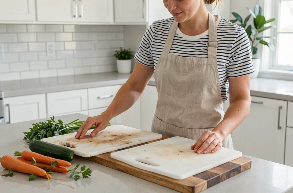 Comparaison d'une planche à découper en bois et en plastique sur un plan de travail de cuisine moderne