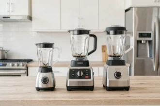 Comparatif de trois blenders posés sur un plan de travail de cuisine moderne pour choisir le meilleur modèle pour smoothies maison