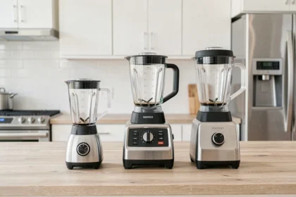 Comparatif de trois blenders posés sur un plan de travail de cuisine moderne pour choisir le meilleur modèle pour smoothies maison