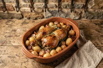 Confit de canard doré avec pommes de terre rôties et ail dans un plat en céramique rustique sorti du four