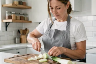 Femme coupant des poireaux frais sur une planche en bois dans une cuisine moderne, gros plan sur les rondelles de poireau