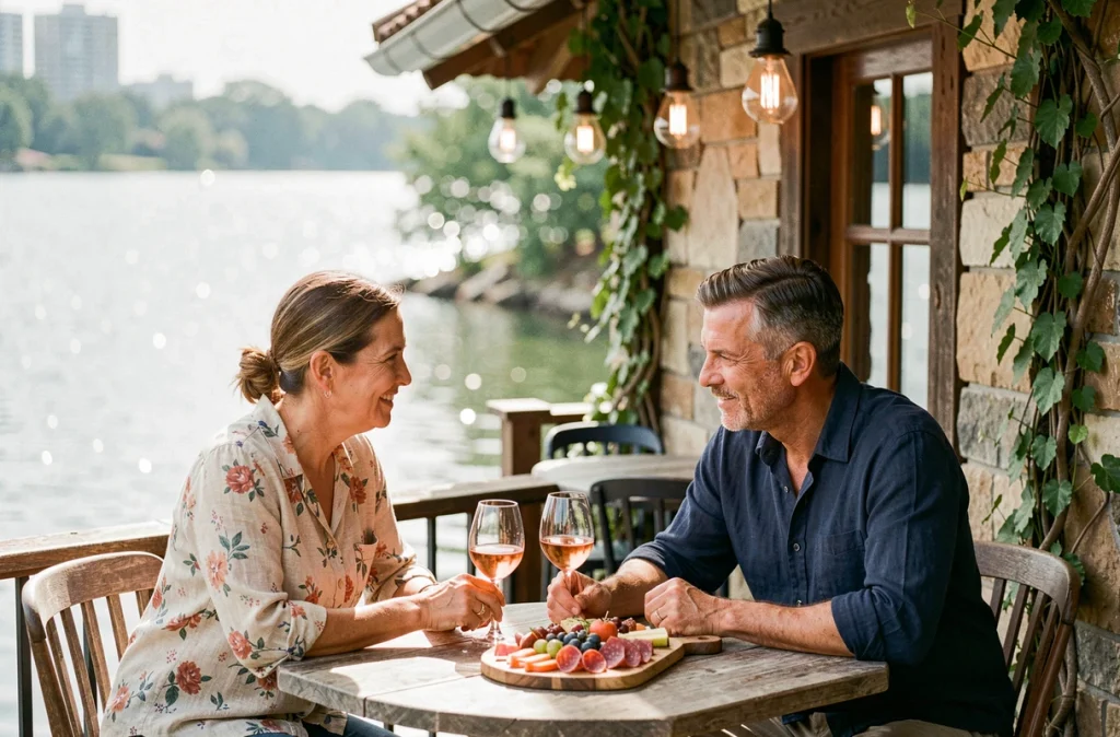Couple en terrasse d'un restaurant au bord du lac de Bordeaux partageant un repas avec vue sur l'eau