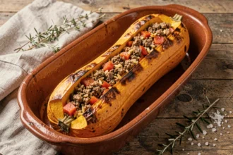 Courge longue de Nice farcie cuite au four dans un plat en céramique rustique sur table en bois