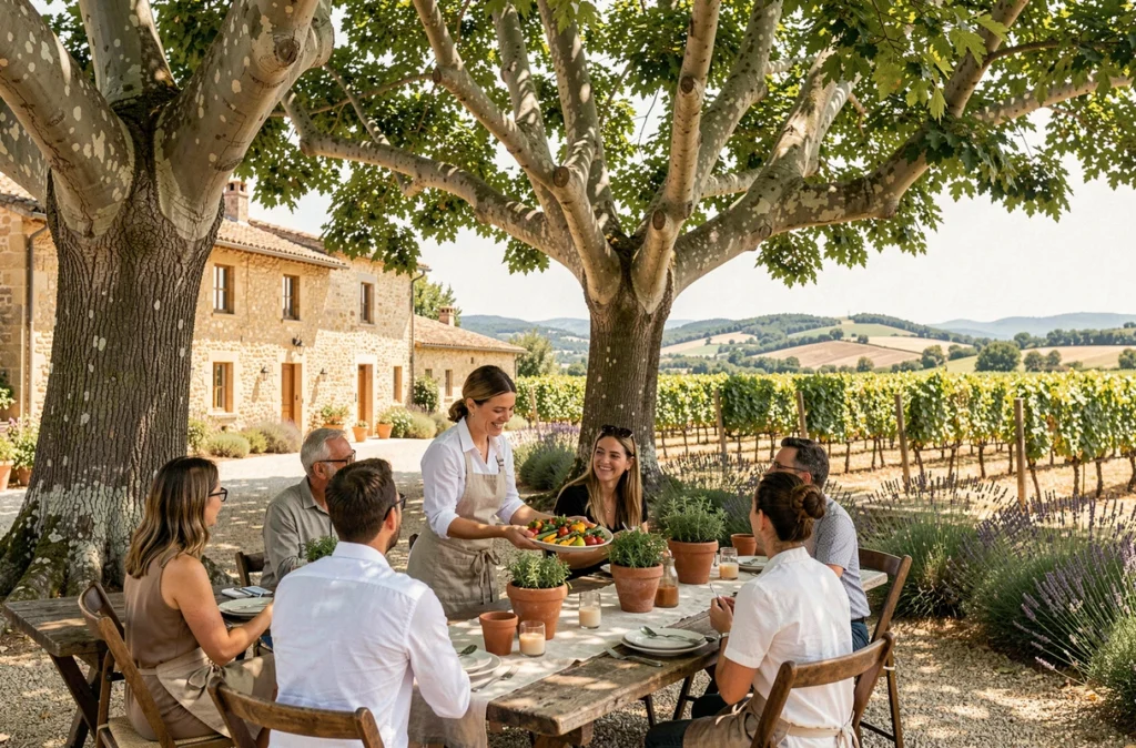 Terrasse de La Cuisine d'Amélie au Domaine de Fontenille dans le Luberon avec chef et repas provençal