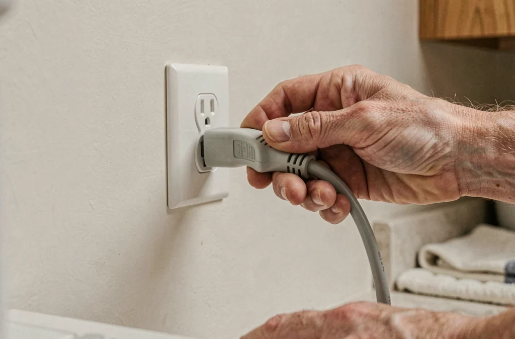 Geste de débrancher le micro-ondes pour économiser l'énergie et préserver ses composants électroniques sur le long terme