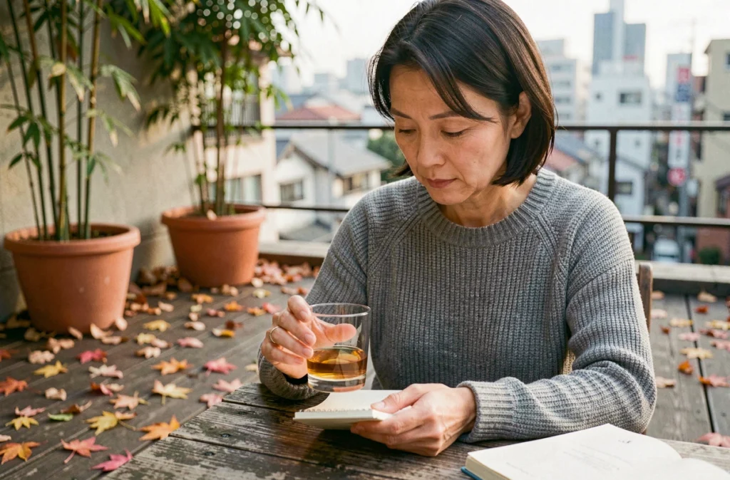 Femme dégustant un whisky japonais accessible en terrasse lors d'une session de dégustation automnale