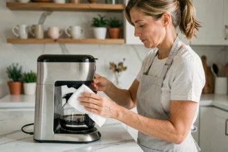 Femme entretenant sa cafetière électrique en essuyant la carafe avec un chiffon microfibre dans une cuisine moderne