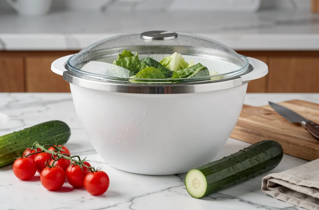 Essoreuse à salade avec des feuilles de laitue fraîches et des crudités sur un plan de travail en marbre