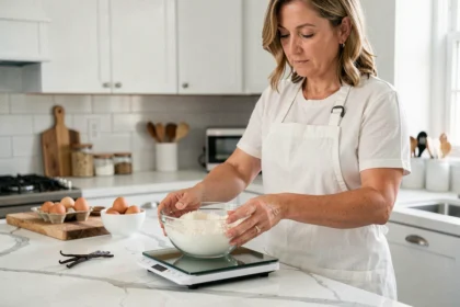Femme utilisant une balance de cuisine numérique pour peser de la farine sur un plan de travail en marbre
