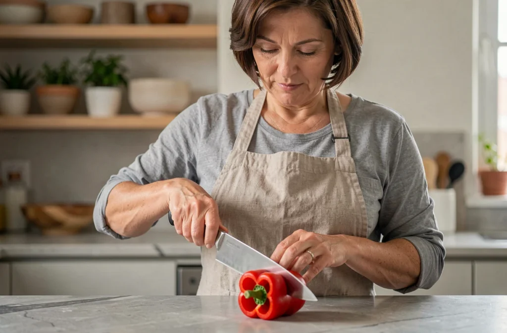 Femme utilisant un couteau de chef pour couper un poivron rouge sur un plan de travail en marbre dans une cuisine moderne