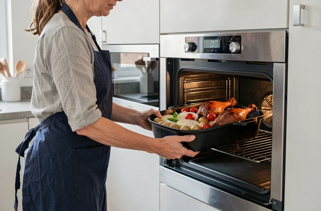 Femme enfournant un plat de confit de canard avec légumes dans un four domestique moderne