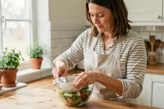 Femme utilisant une essoreuse à salade sur un plan de travail en bois dans une cuisine lumineuse