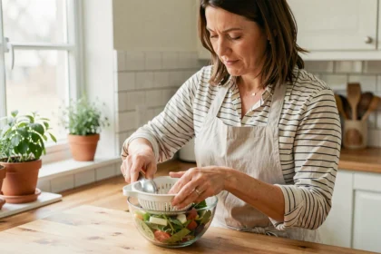 Femme utilisant une essoreuse à salade sur un plan de travail en bois dans une cuisine lumineuse