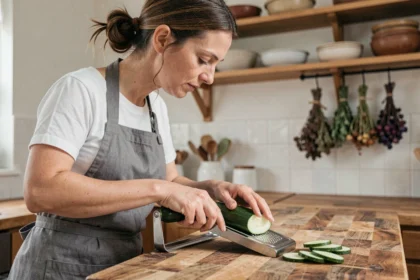 Femme utilisant une mandoline de cuisine pour trancher des courgettes en fines lamelles régulières sur un plan de travail en bois