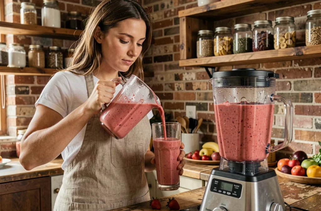 Jeune femme versant un smoothie aux fruits préparé avec un blender dans une cuisine rustique
