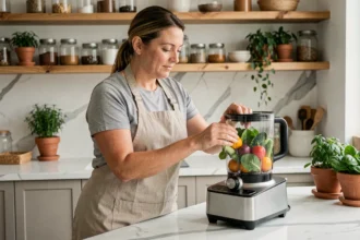 Femme utilisant un robot multifonction pour préparer des légumes dans une cuisine moderne au plan de travail en marbre blanc