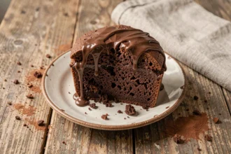 Gâteau au chocolat moelleux façon grand-mère coupé en parts sur une table en bois rustique
