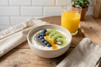 Bol de yaourt grec garni de graines de chia, myrtilles et kiwi sur une table de petit-déjeuner en bois